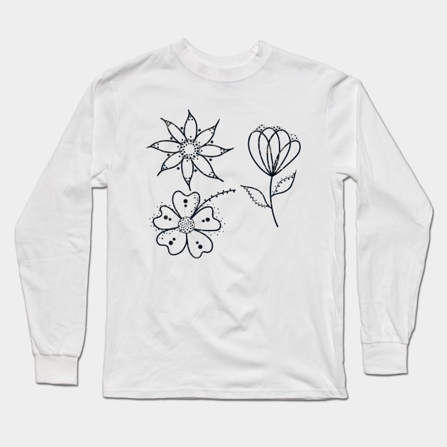 Golden Glitter Doodle Flowers (Black) Long Sleeve T-Shirt by DesignbyKurlz